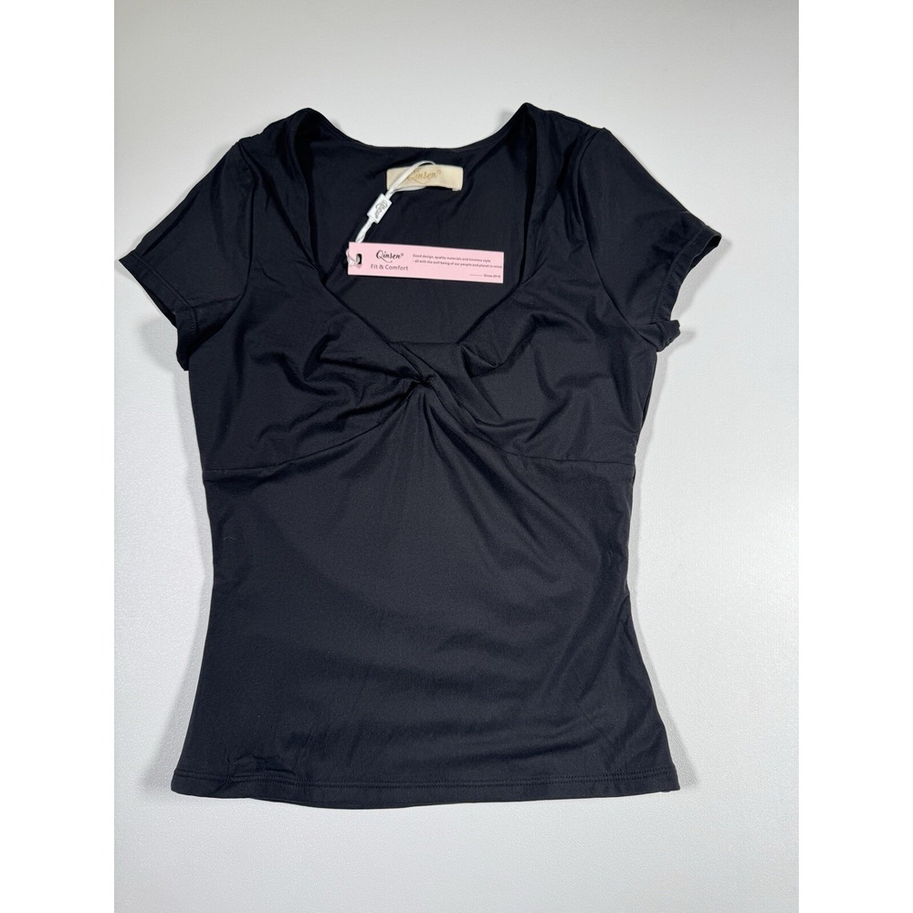 Qinsen Womens Sexy Twist Front V‎ Neck T Shirts Double Lined Slim Fit Sz S